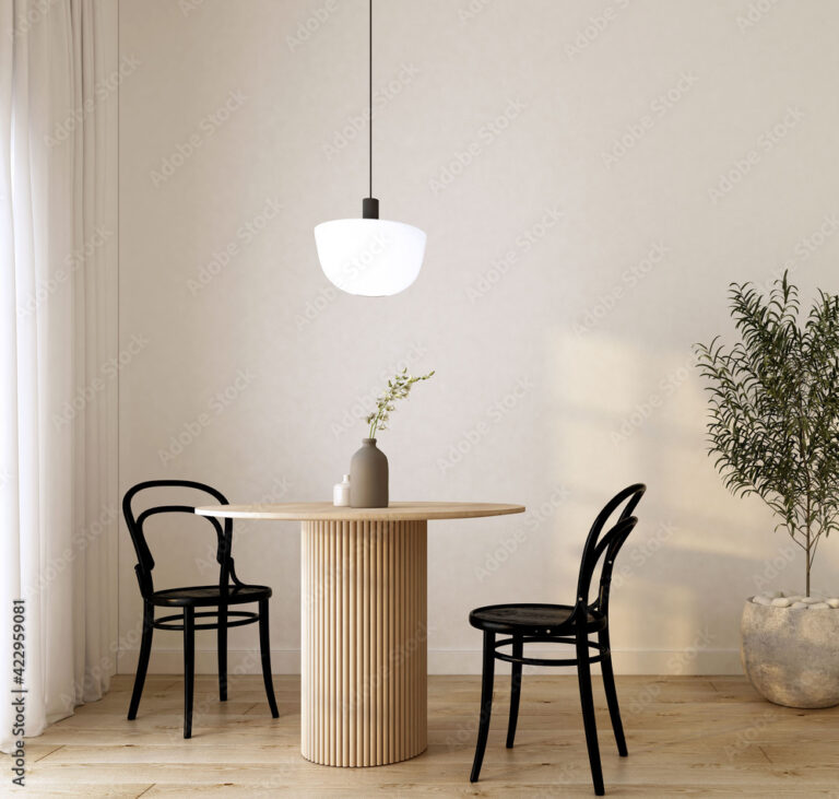 home interior dining room with wood chair and wood table,vase with flowers,plant