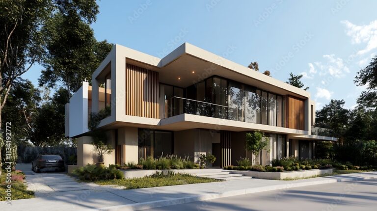 High-definition showcase of a sleek and detailed modern duplex house
