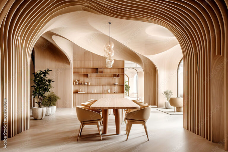 Minimalist interior design of modern dining room with abstract wood paneling arched wall.