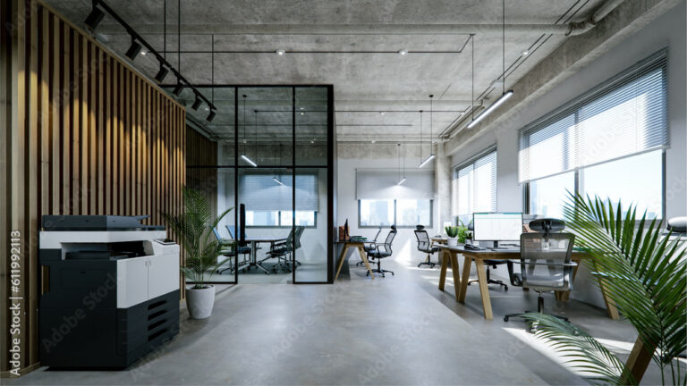 Modern office interior with exposed concrete ceiling and floor. 3d rendering